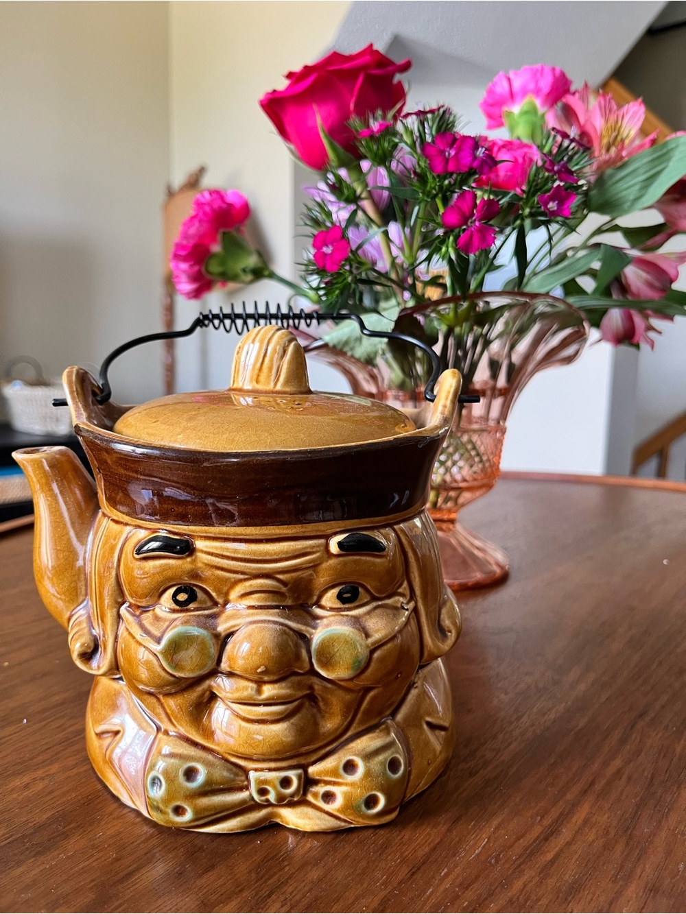 Vintage Ceramic Character Benjamin Franklin Teapot in Golden Brown